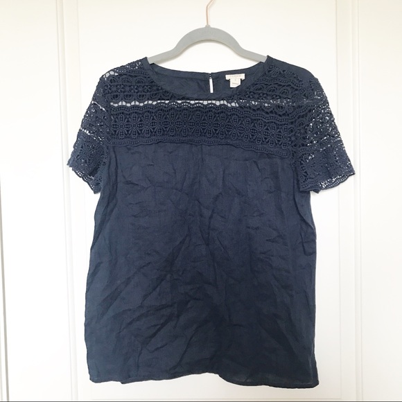 J. Crew Factory Tops - ⭐️J CREW•Navy Short Sleeve Top With Lace Detailing